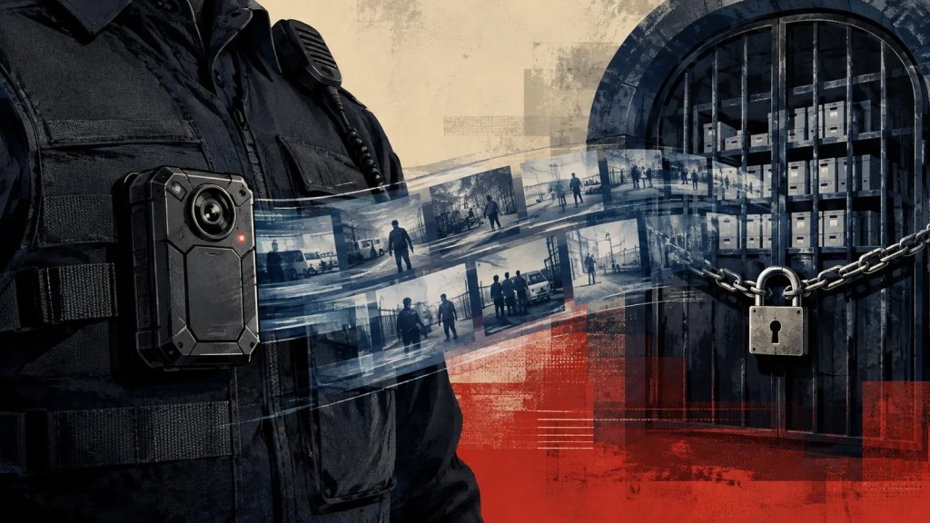 Editorial illustration of a federal body camera sending footage toward a locked institutional archive