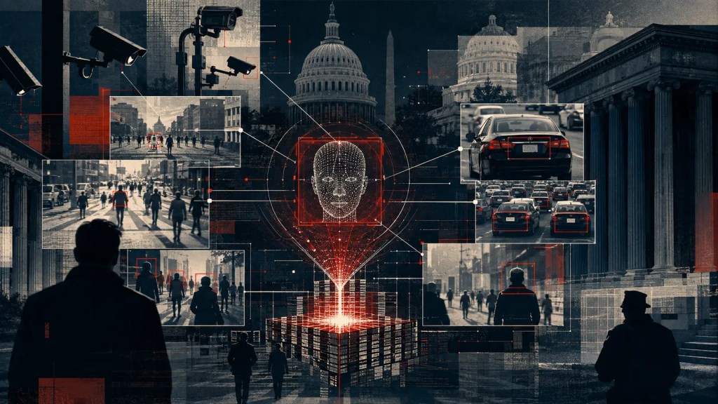 Editorial collage of facial recognition, license plate data and public-space cameras converging near government buildings