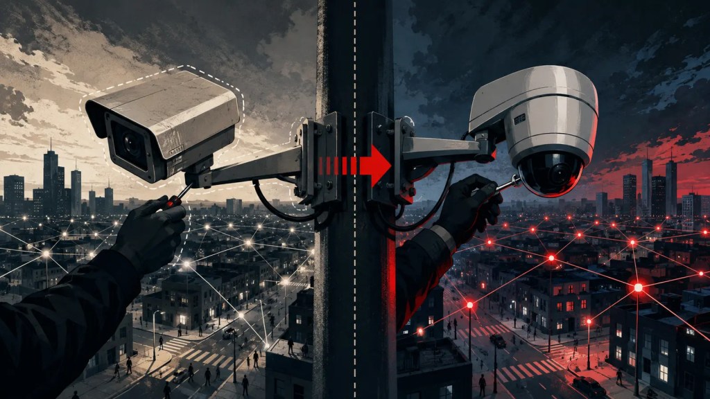 Editorial illustration of one city surveillance camera being replaced by another while the data network remains