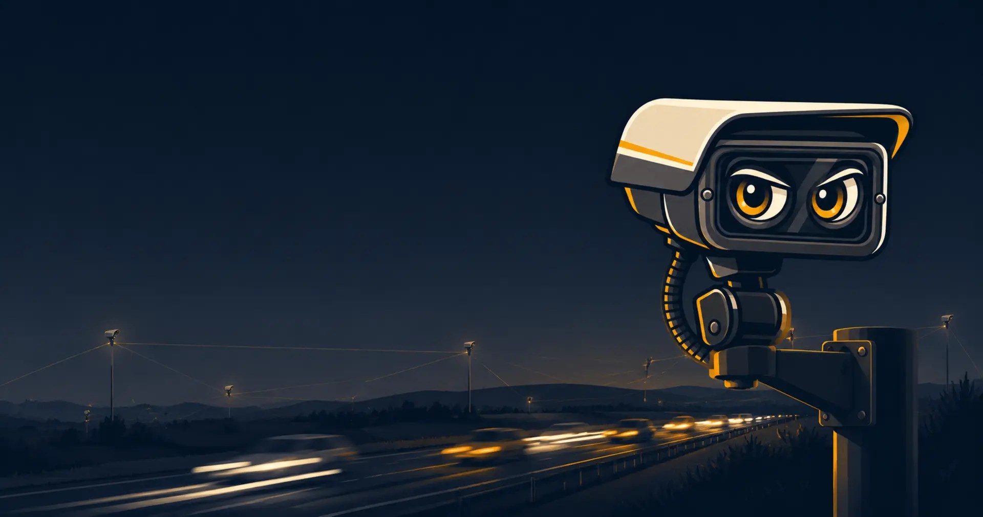 Watchful automated license-plate-reader camera overlooking traffic on a dark roadway